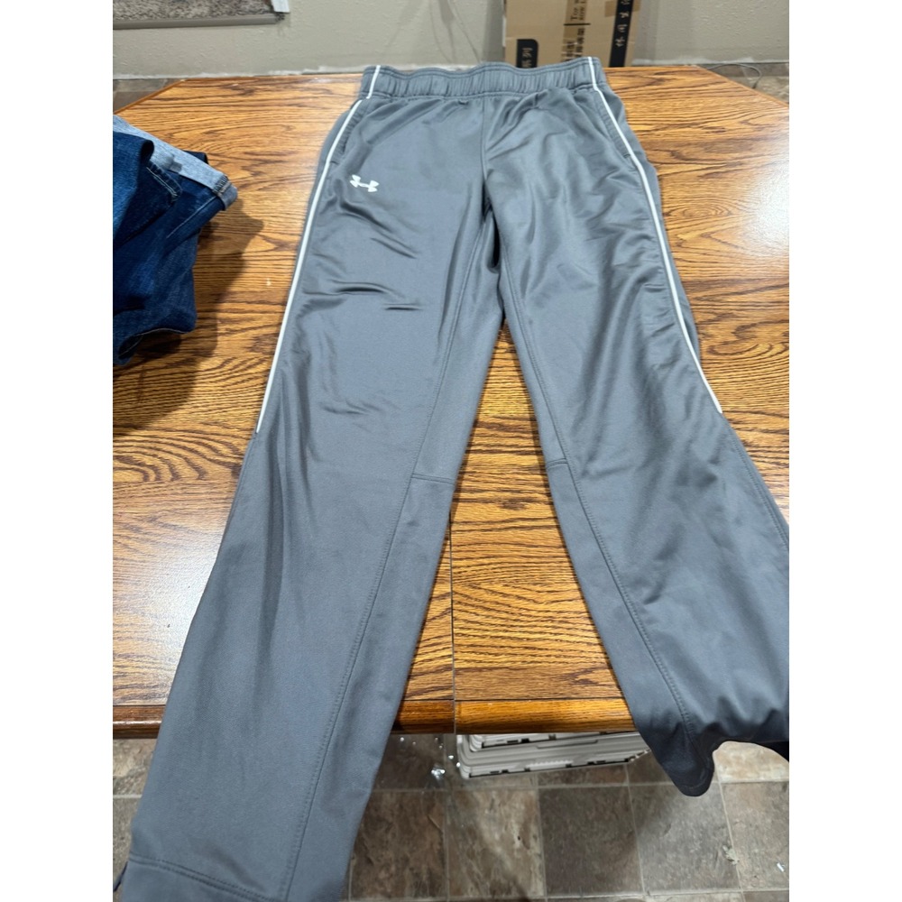 Under Armour Mens Loose Fit Athletic Track Pants Grey White Piping Size Small